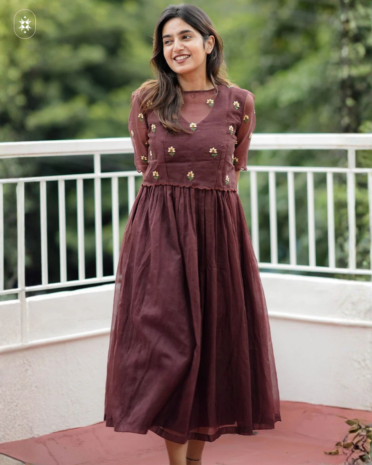 Tinyphool Kota Doria Midi(Dress) in Brown