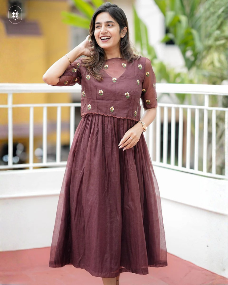 Tinyphool Kota Doria Midi(Dress) in Brown