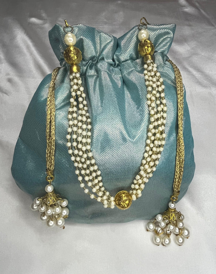 Shiny blue potli bag with chain handle