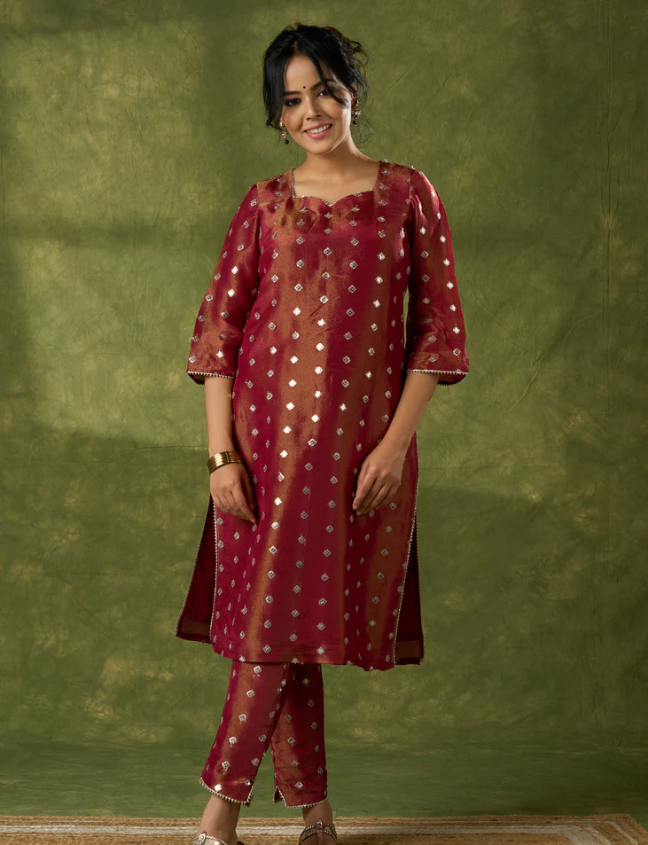 Beautiful Rust Self-Embellished Tissue Kurta