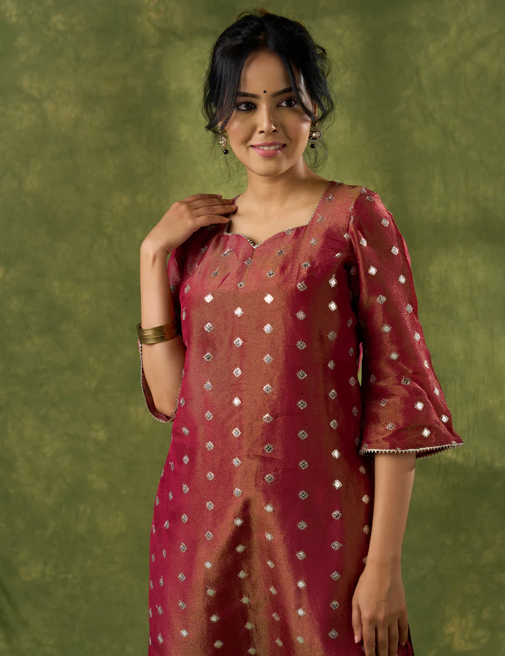 Beautiful Rust Self-Embellished Tissue Kurta