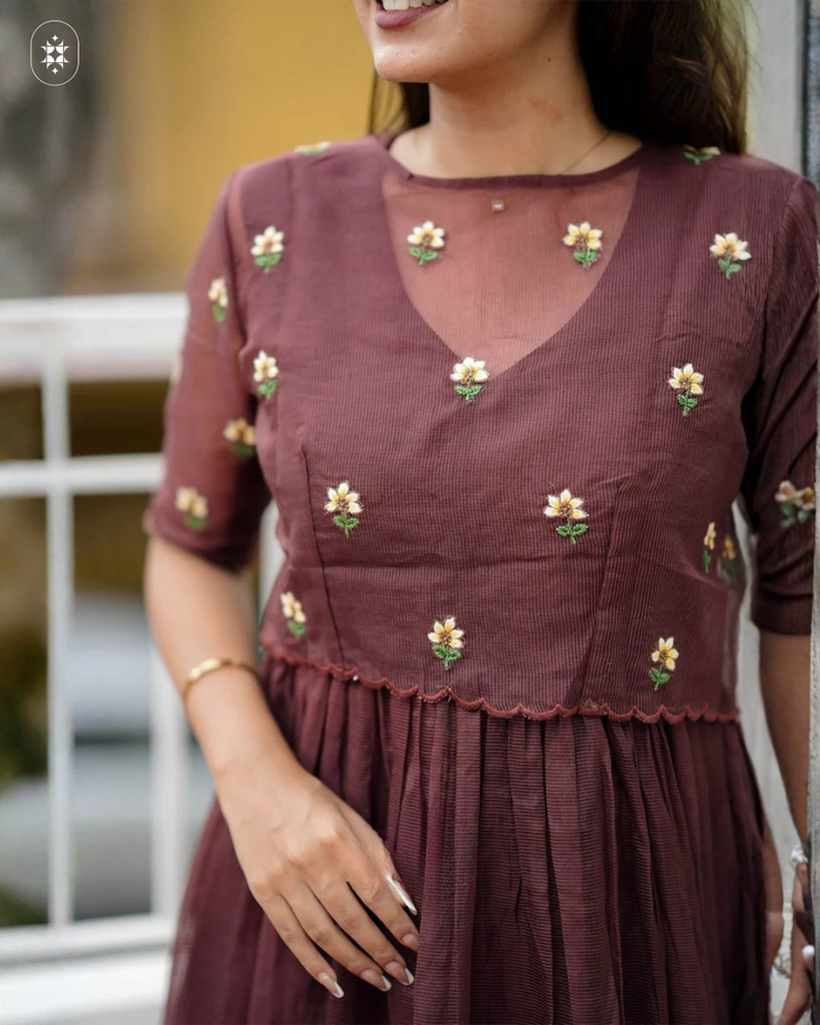 Tinyphool Kota Doria Midi(Dress) in Brown