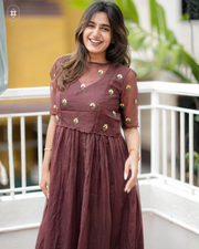 Tinyphool Kota Doria Midi(Dress) in Brown