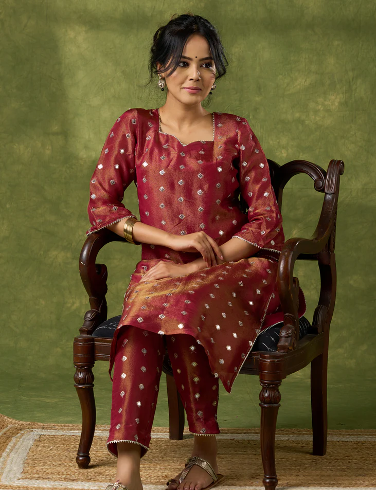 Beautiful Rust Self-Embellished Tissue Kurta