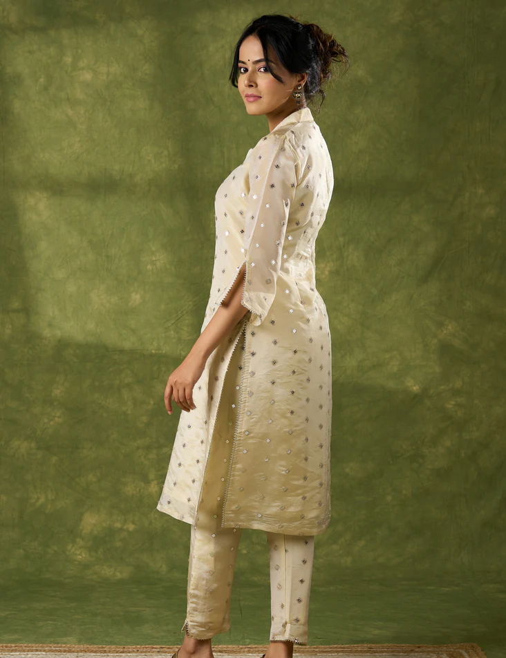 Elegant off White Self-Embellished Tissue Kurta