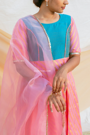 Blue & Pink Slub Silk and Cotton Anarkali with Dupatta