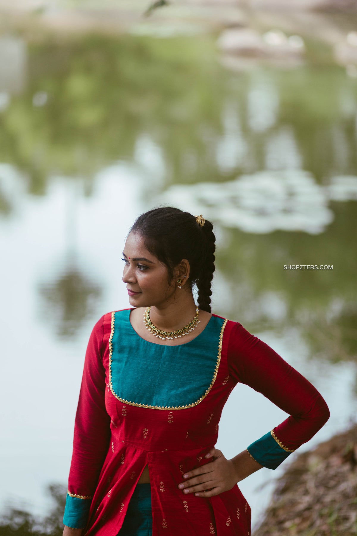 Red Indo Western Slit Dress With Blue Pant Shopzters red-indo-western-slit-dress-with-blue-pant-shopzters