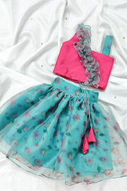Pink Blue Organza Croptop & Skirt