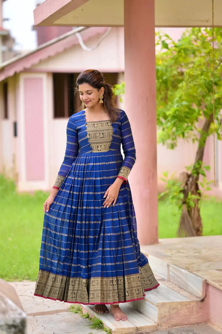 Blue Handloom Silk Maxi Dress