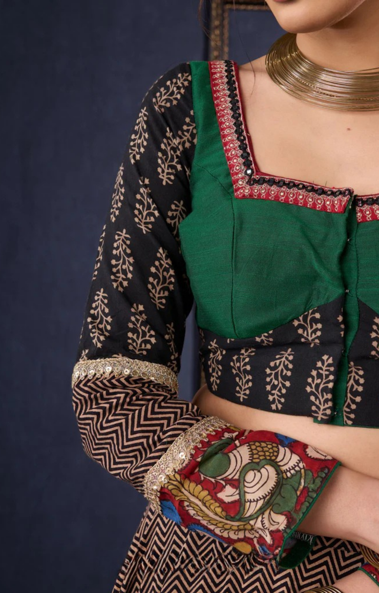 Elegant Ajrakh & Kalamkari Lehenga With Matching Blouse & Dupatta.