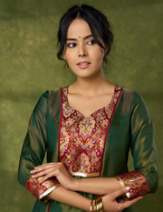 Beautiful Emerald Green Tissue Kurta With Brocade Details