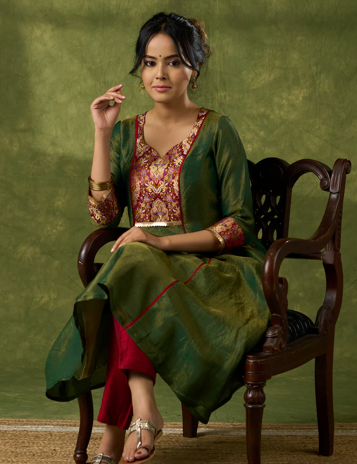 Beautiful Emerald Green Tissue Kurta With Brocade Details