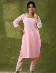 Subtle Baby Pink Cotton Kurta Embellished With Laces