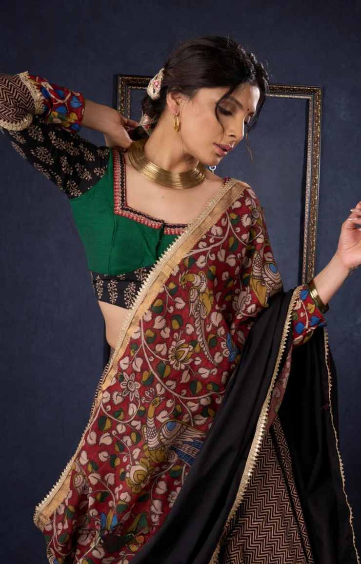 Elegant Ajrakh & Kalamkari Lehenga With Matching Blouse & Dupatta.