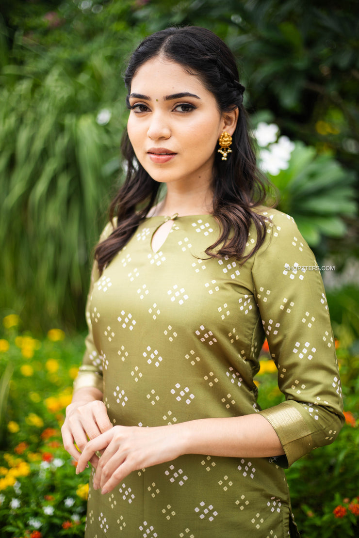 Moss Green Bandhini Kurta Set