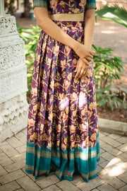 Purple Semi Tussar Crop Top & Skirt
