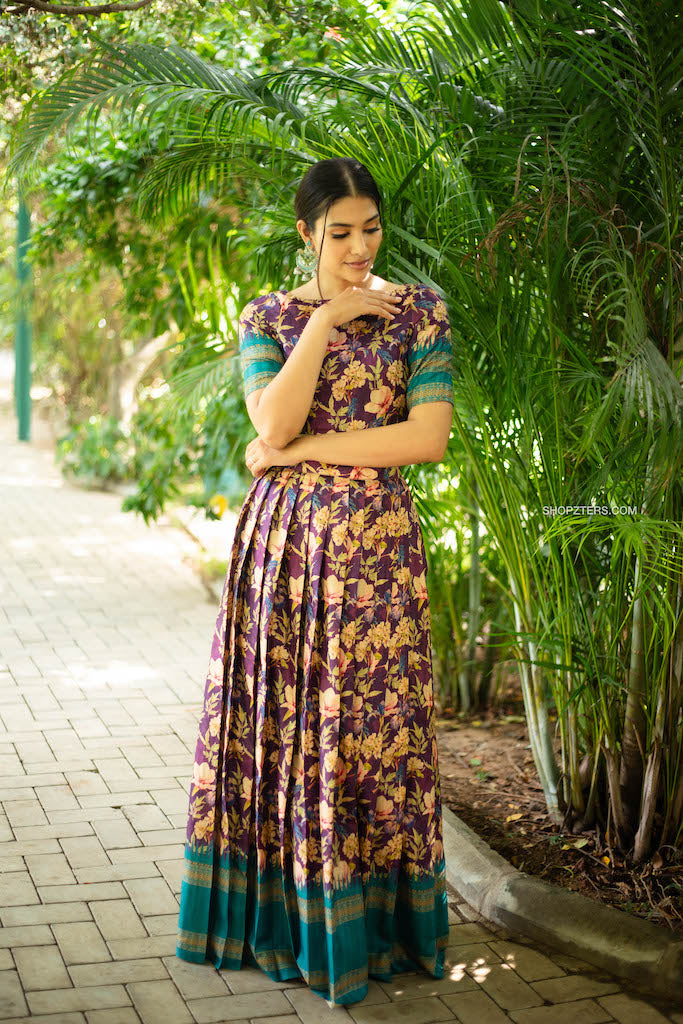 Purple Semi Tussar Crop Top & Skirt