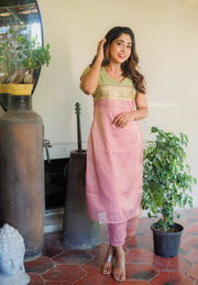 Pastel Green and Pink Khadhi Tissue Kurta Set
