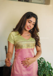 Pastel Green and Pink Khadhi Tissue Kurta Set