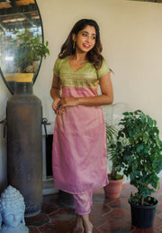 Pastel Green and Pink Khadhi Tissue Kurta Set