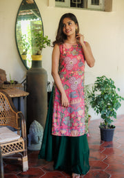 Peach and Green Kurti and Skirt Set