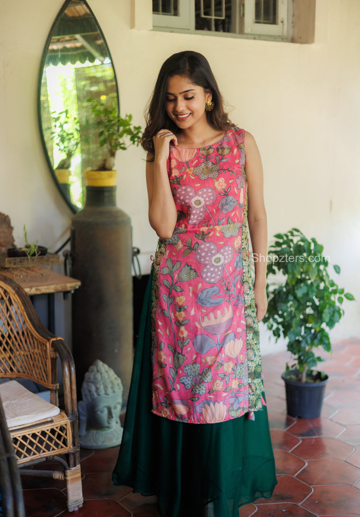 Peach and Green Kurti and Skirt Set