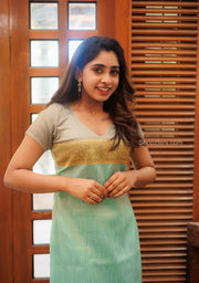 Grey with Blue Khadhi Tissue Kurta Set