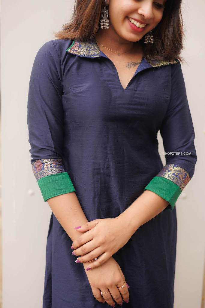 Dark Blue Chanderi Kurta set