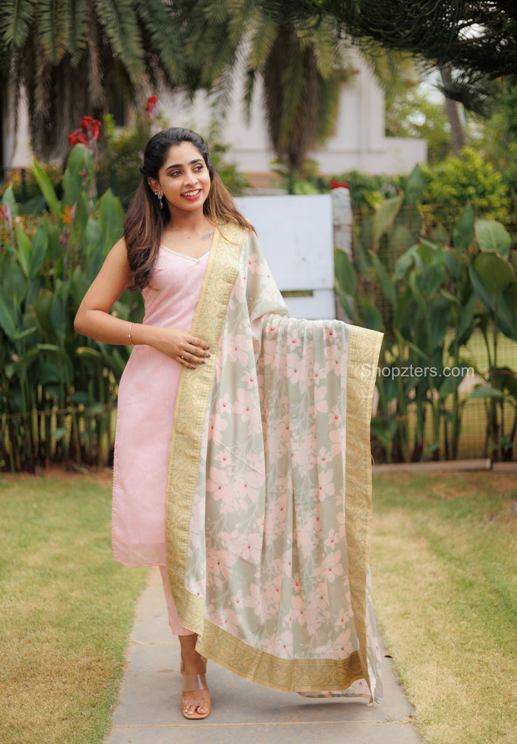 Peach Pink Chanderi Kurta Set With Pastel Green Dupatta