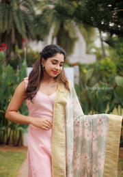 Peach Pink Chanderi Kurta Set With Pastel Green Dupatta