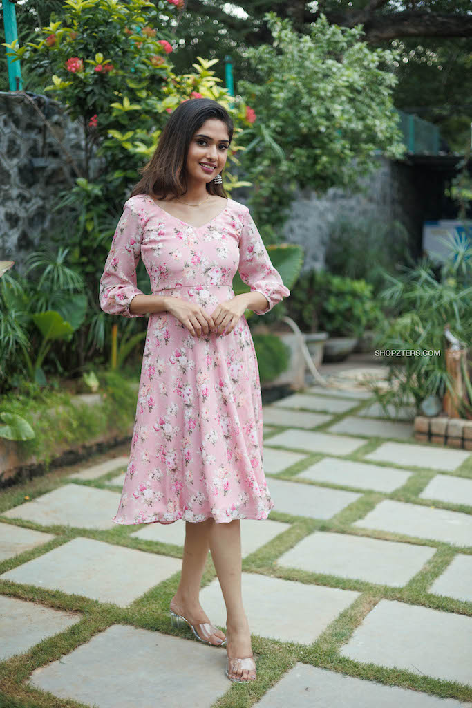 Light Pink Floral Georgette Midi Dress