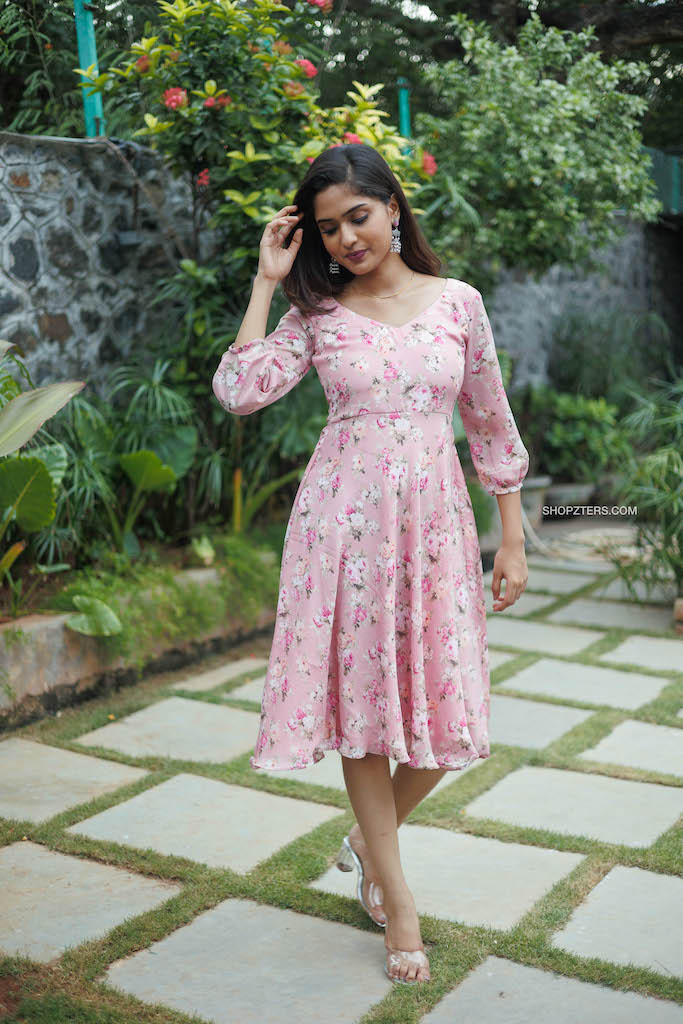 Light Pink Floral Georgette Midi Dress