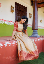 Off White and Marron Banaras Brocade Dress