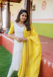 White With Yellow Chanderi Tissue Brocade Kurta with Dupatta