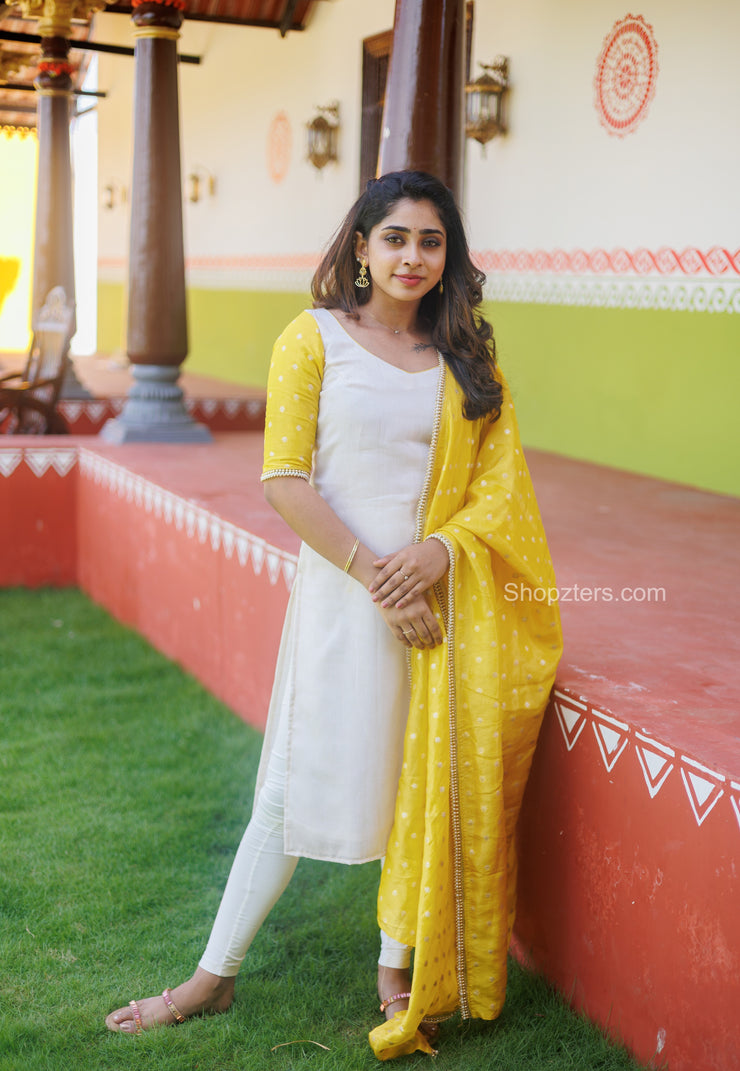 White With Yellow Chanderi Tissue Brocade Kurta with Dupatta