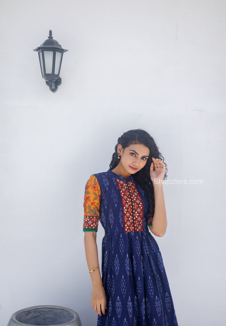 Blue Ikkat Cotton Dress With Kalamkari Prints