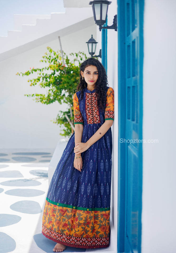 Blue Ikkat Cotton Dress With Kalamkari Prints