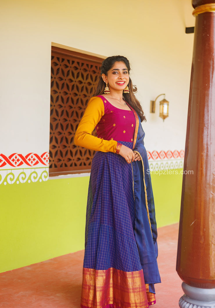 Blue With Magenta Handloom Cotton Dress