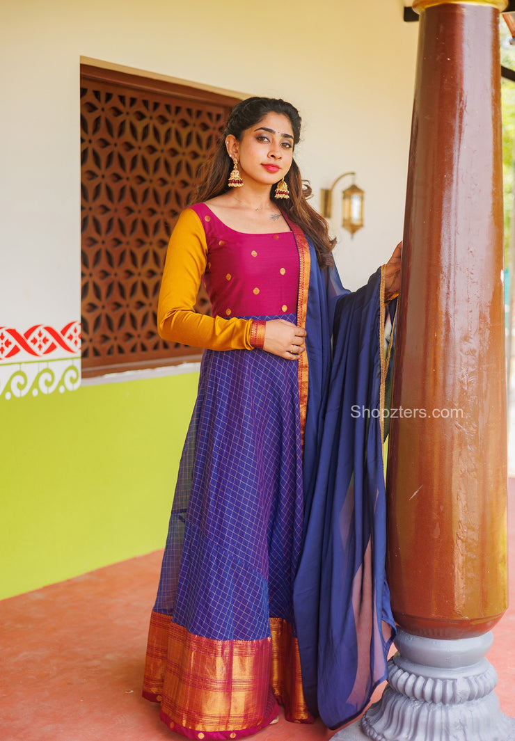 Blue With Magenta Handloom Cotton Dress