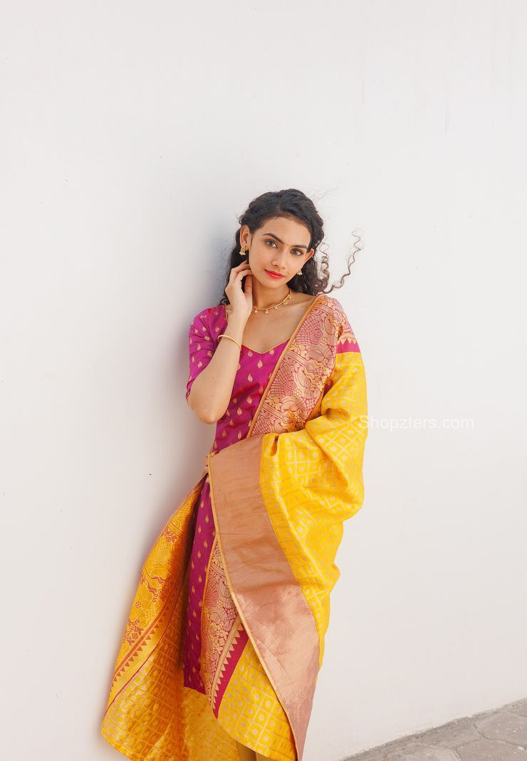 Magenta Kurti With Yellow Dupatta