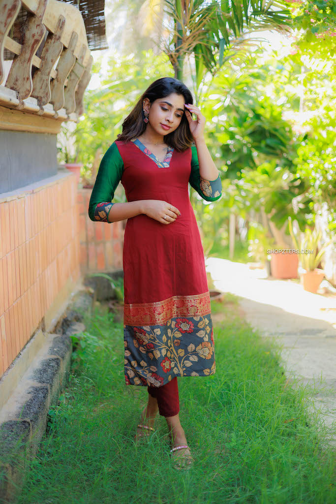 Maroon Chanderi Kurta Set with Kalamkari Print