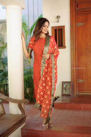 Orange Chanderi Kurta Set With Printed Dupatta