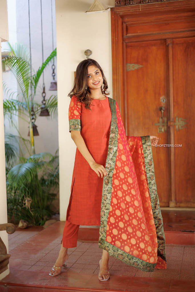 Orange Chanderi Kurta Set With Printed Dupatta