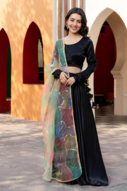 Black Velvet Lehenga With Multi Colour Organza Dupatta