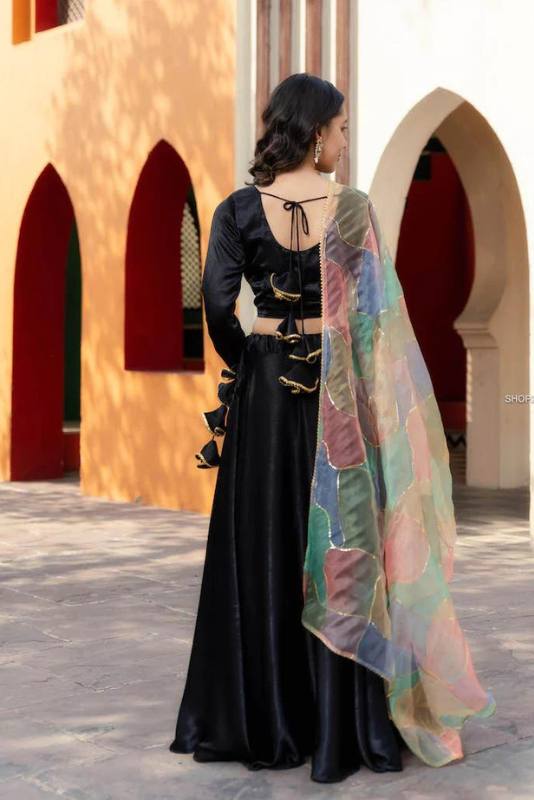 Black Velvet Lehenga With Multi Colour Organza Dupatta