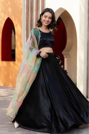 Black Velvet Lehenga With Multi Colour Organza Dupatta