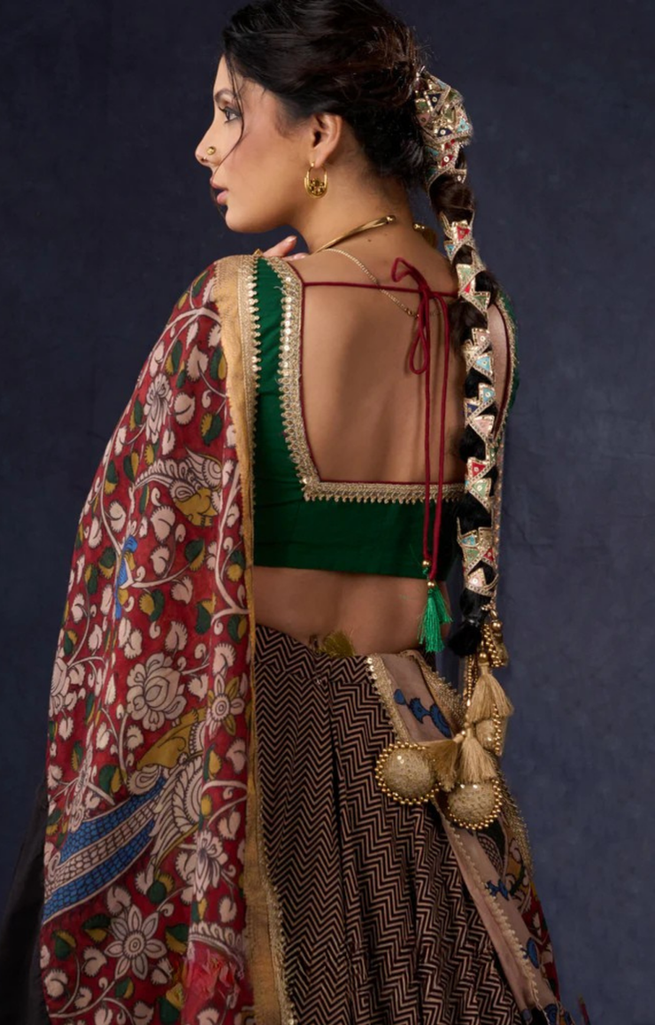 Elegant Ajrakh & Kalamkari Lehenga With Matching Blouse & Dupatta.
