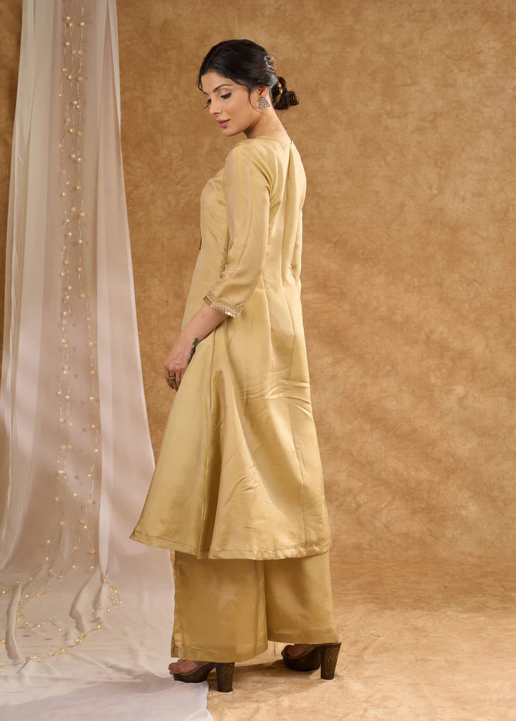 Elegant Golden Tissue A-Line Kurta with Tissue Pants (Dupatta Optional)