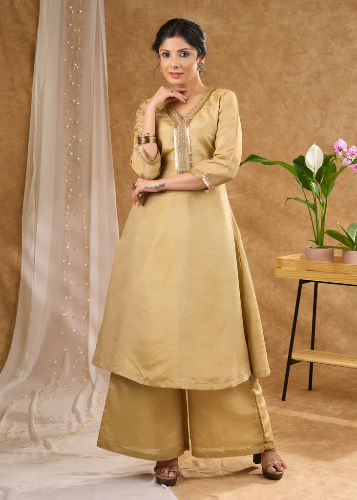 Elegant Golden Tissue A-Line Kurta with Tissue Pants (Dupatta Optional)