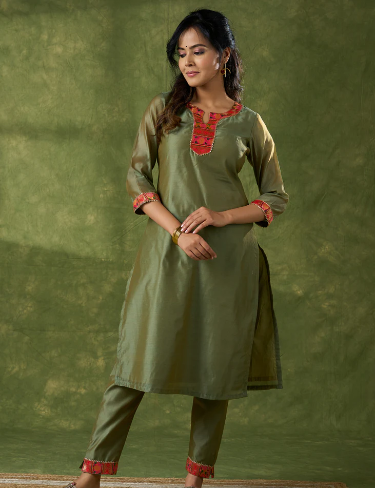 Soothing Olive Chanderi Kurta With Brocade Details